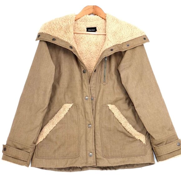 Marmot Sherpa Lined Jacket Medium Khaki Hooded Parka Cozy Y2K Gorpcore Winter - Picture 1 of 12